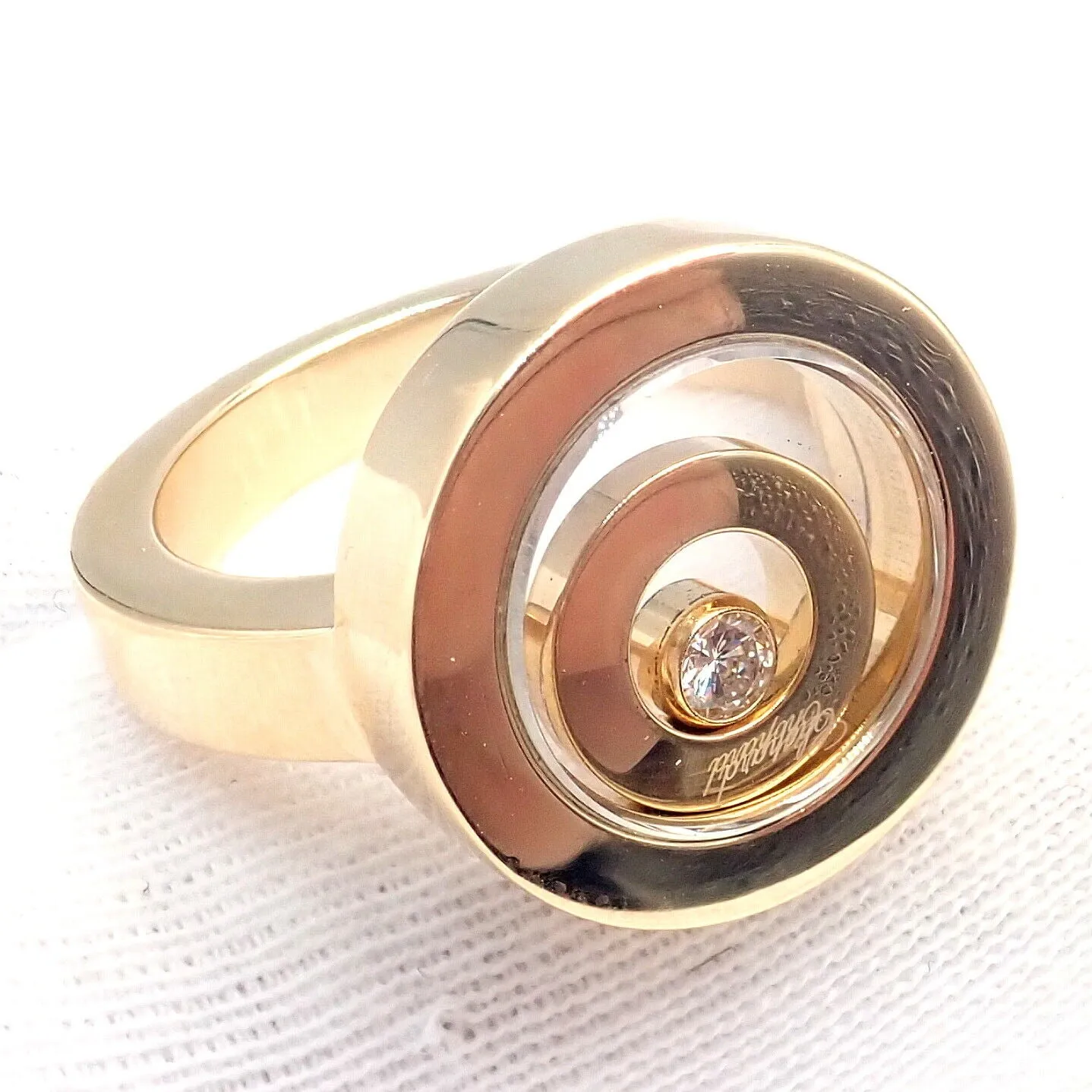 Authentic! Chopard 18k Yellow Gold Diamond Double Circle Happy Spirit Ring