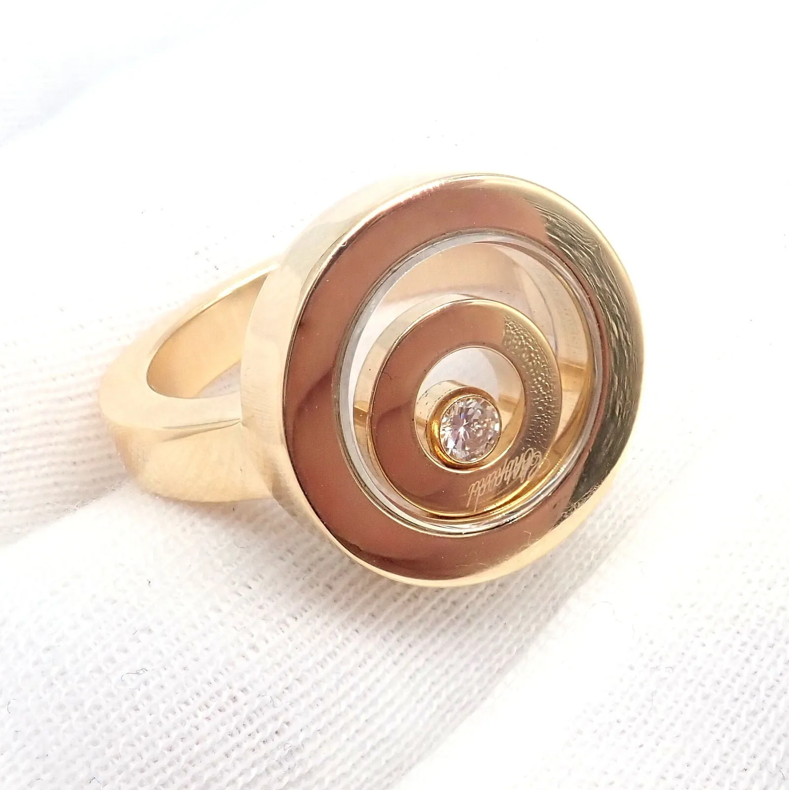 Authentic! Chopard 18k Yellow Gold Diamond Double Circle Happy Spirit Ring