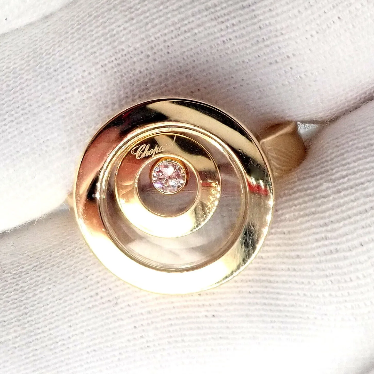 Authentic! Chopard 18k Yellow Gold Diamond Double Circle Happy Spirit Ring