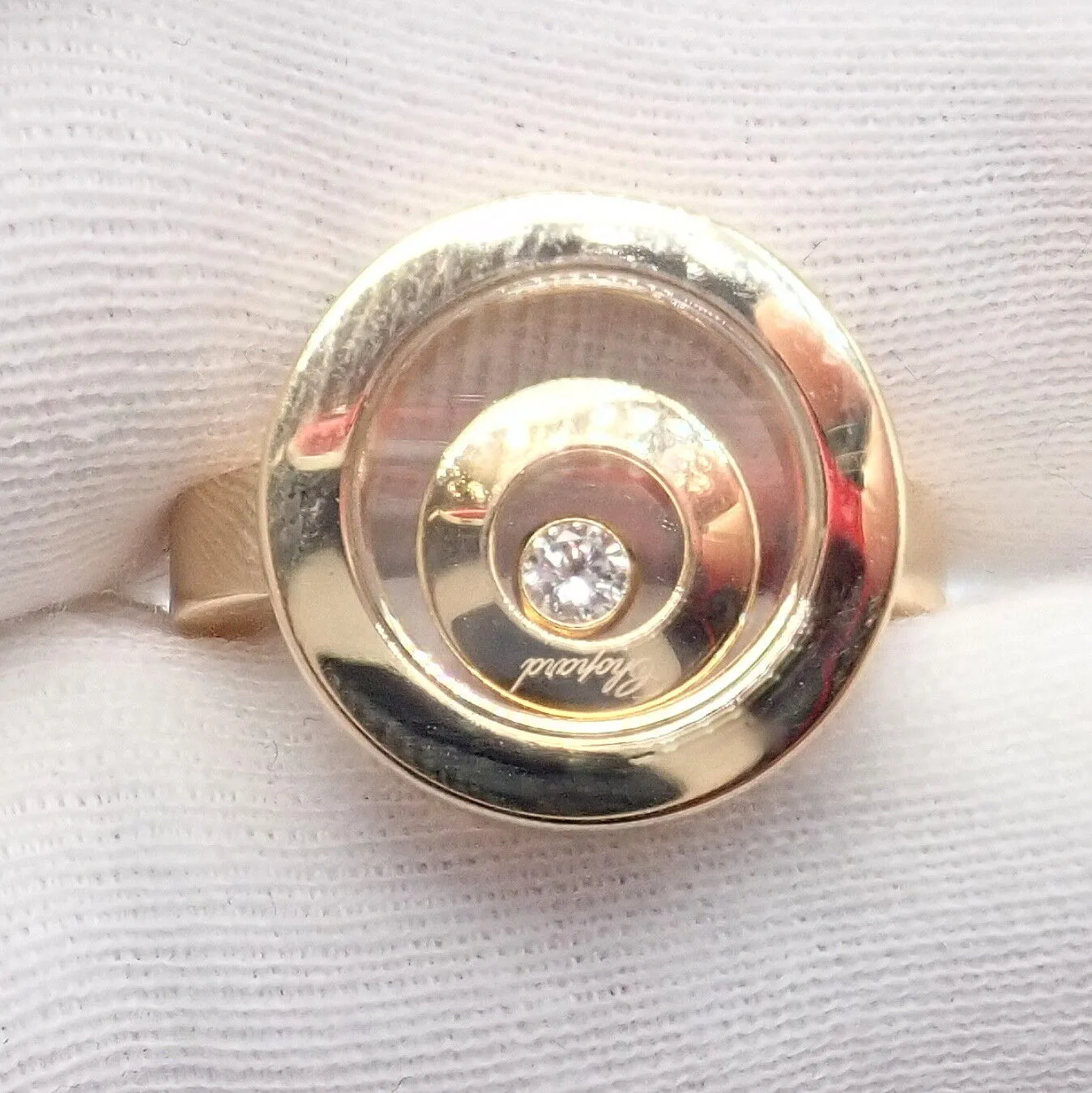 Authentic! Chopard 18k Yellow Gold Diamond Double Circle Happy Spirit Ring