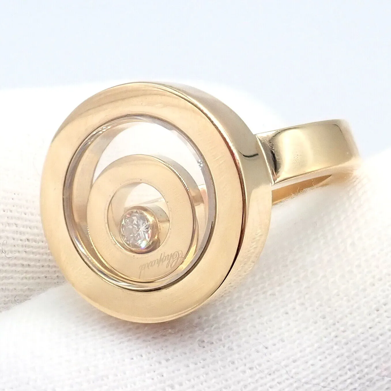 Authentic! Chopard 18k Yellow Gold Diamond Double Circle Happy Spirit Ring