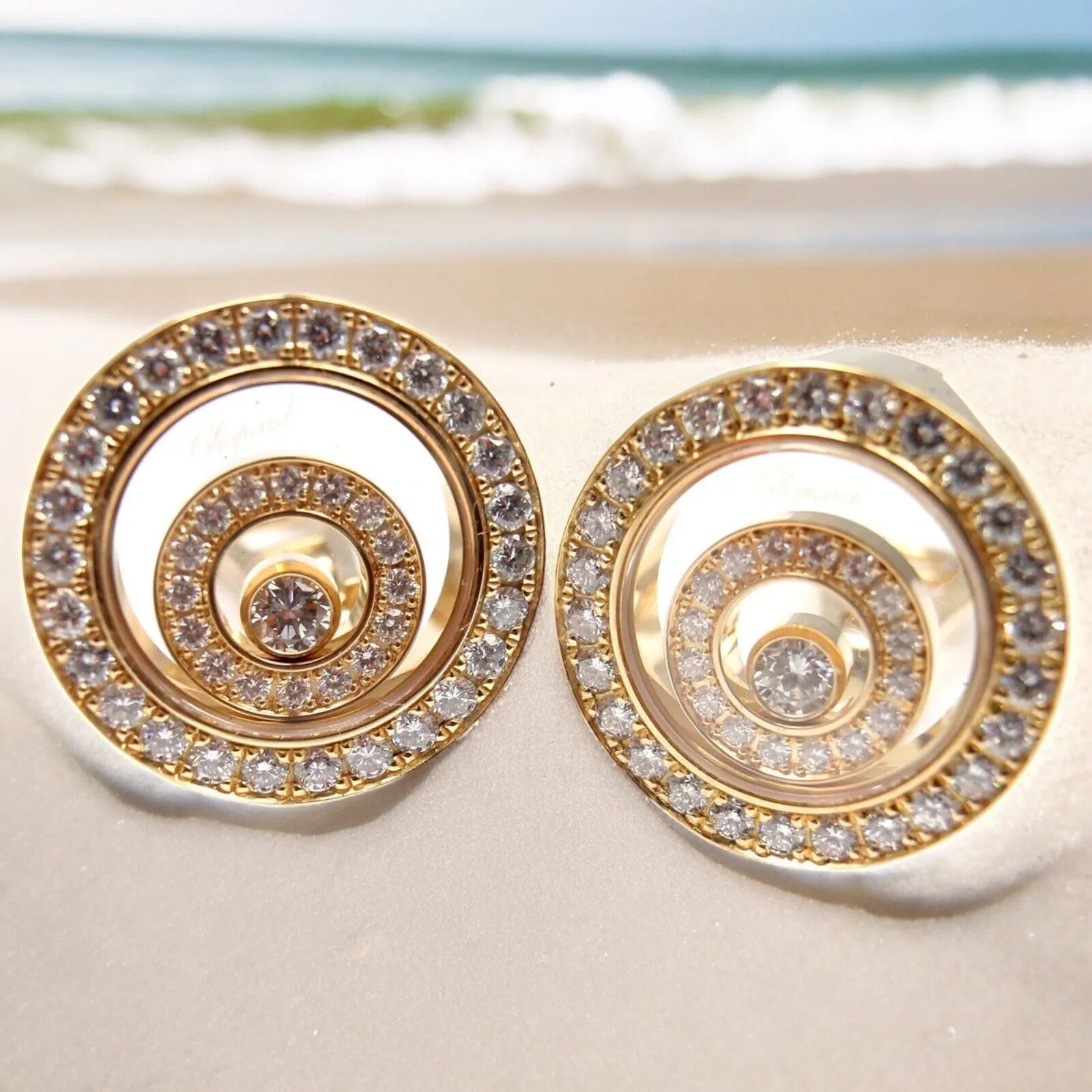 Authentic! Chopard 18k Yellow Gold Happy Spirit Diamond Earrings