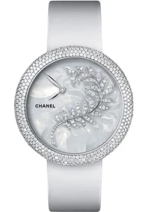 Chanel Mademoiselle Prive Quartz Watch - White Gold Diamond Case - Mother Of Pearl Marquetry And Feather Motif Diamond Dial - White Satin Strap - H4587