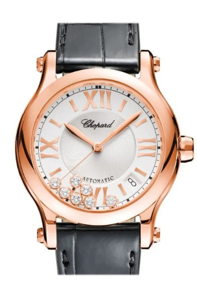 Chopard Happy Sport 36mm Silver Guilloche Dial  18k Rose Gold and Diamonds Ladies Watch 274808-5001