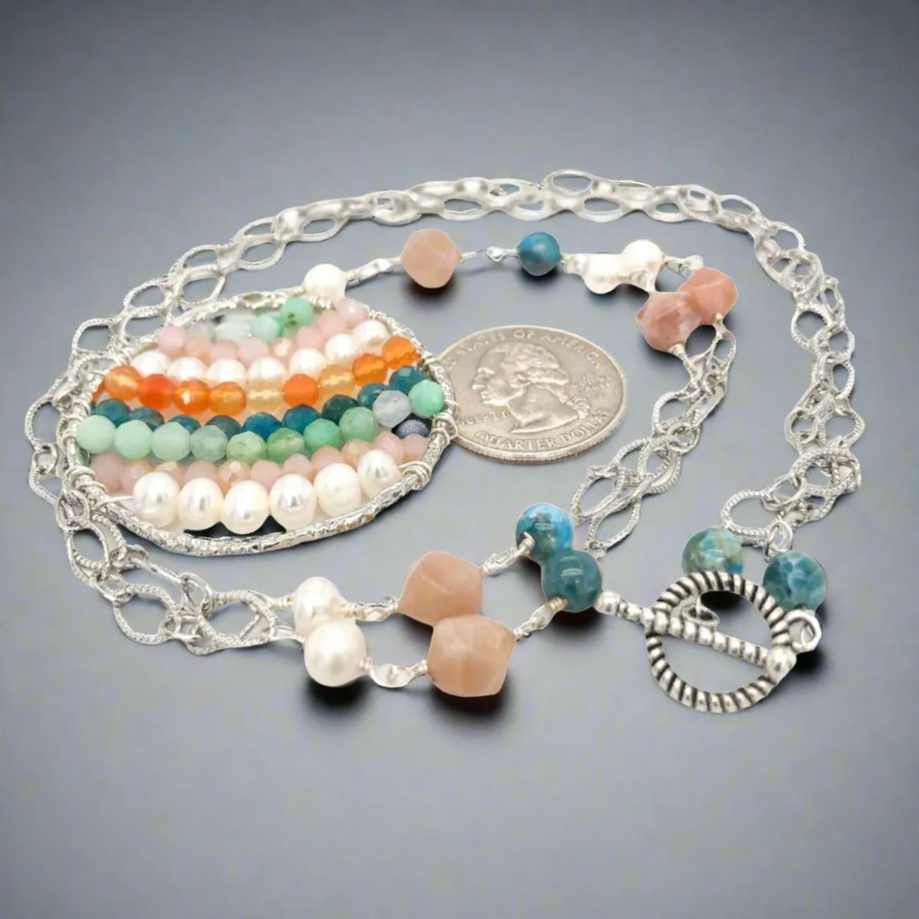 Silver Plated FWP Multi-Gemstone Circle Pendant